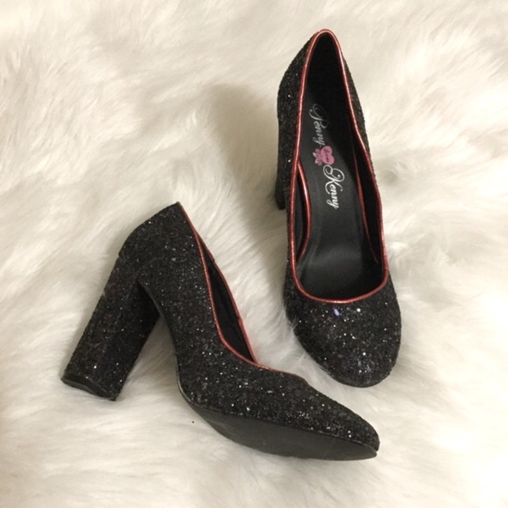 PENNY LOVES KENNY sz 9 Heels Glittery “Ritz”Slide On Black Red Trim